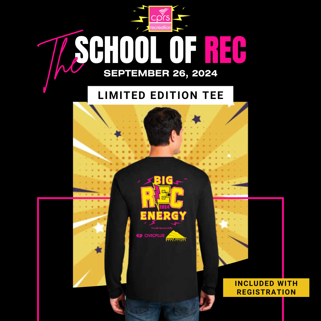 black tee with pink and yellow logo for school of rec